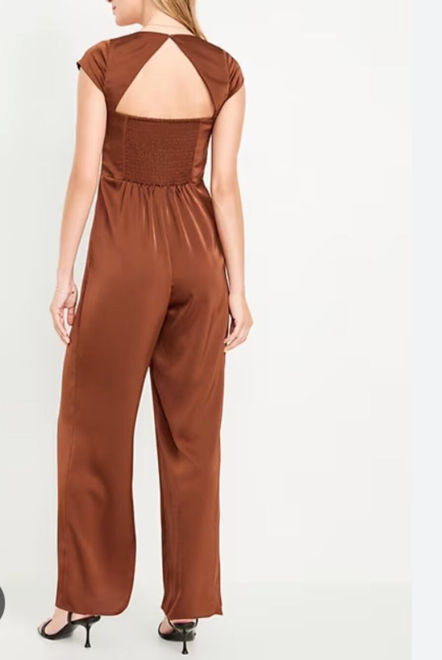 OLD NAVY Jumpsuit Size Large Brown Satin Pockets Shirred Stretch Back NWT
